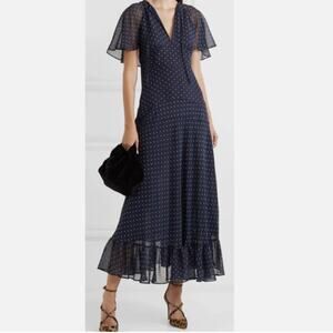 Alexa Chung Navy Polka Dot Chiffon Midi Dress size US 0